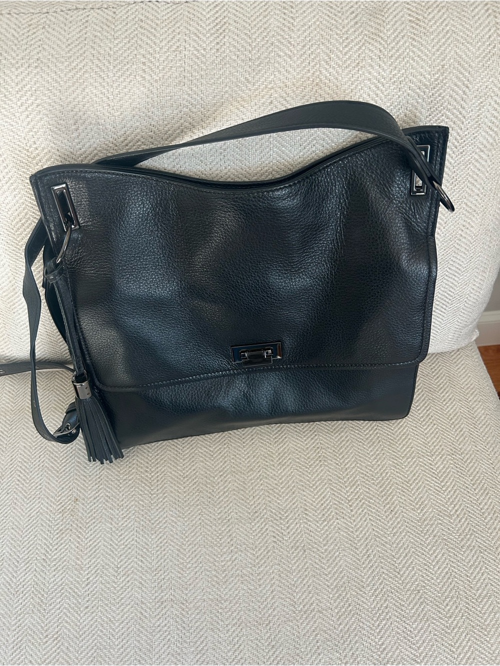Black Leather Shoulder Bag with Tassel